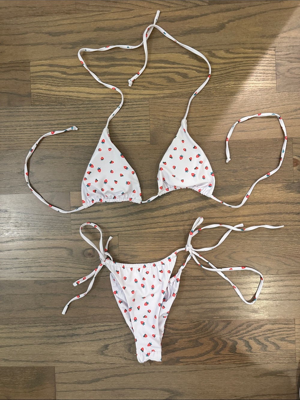 White Triangle Bikini with Tiny Red Strawberry Print
